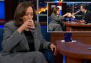 Kamala Harris takes a sip of Miller High Life with Stephen Colbert during ‘Late Show’ appearance