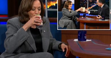 Kamala Harris takes a sip of Miller High Life with Stephen Colbert during ‘Late Show’ appearance